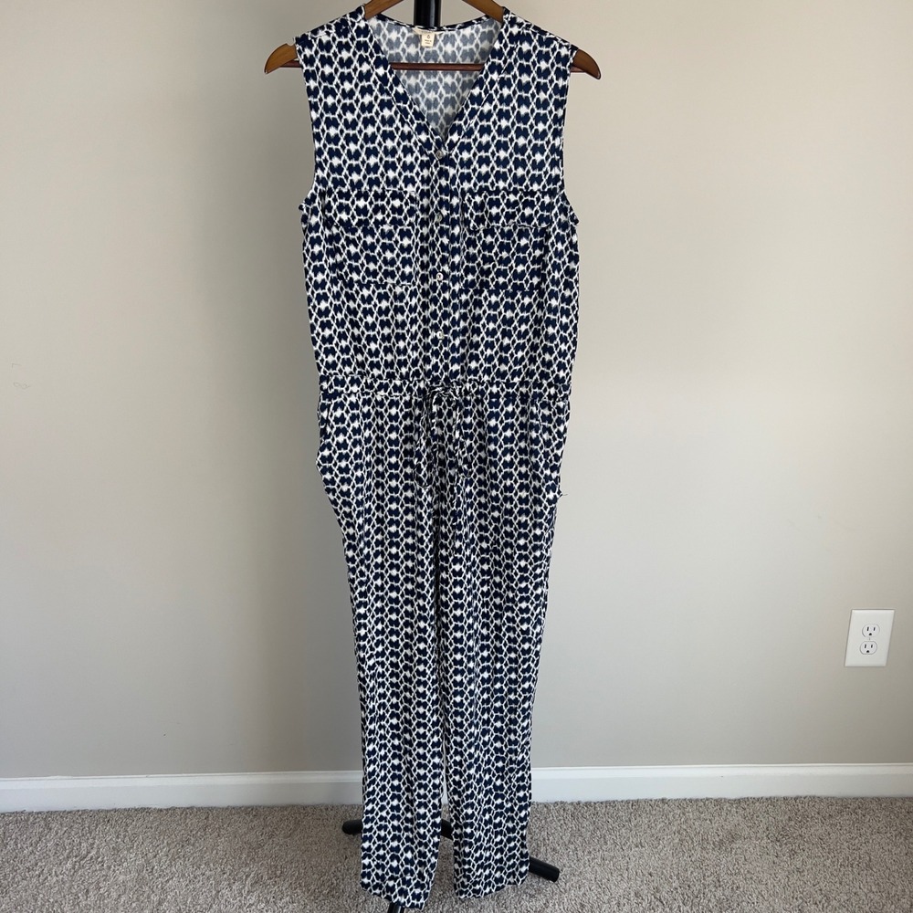 Lucky Brand Navy White Ikat Print Sleeveless Jumpsuit Size S Small LBH0030